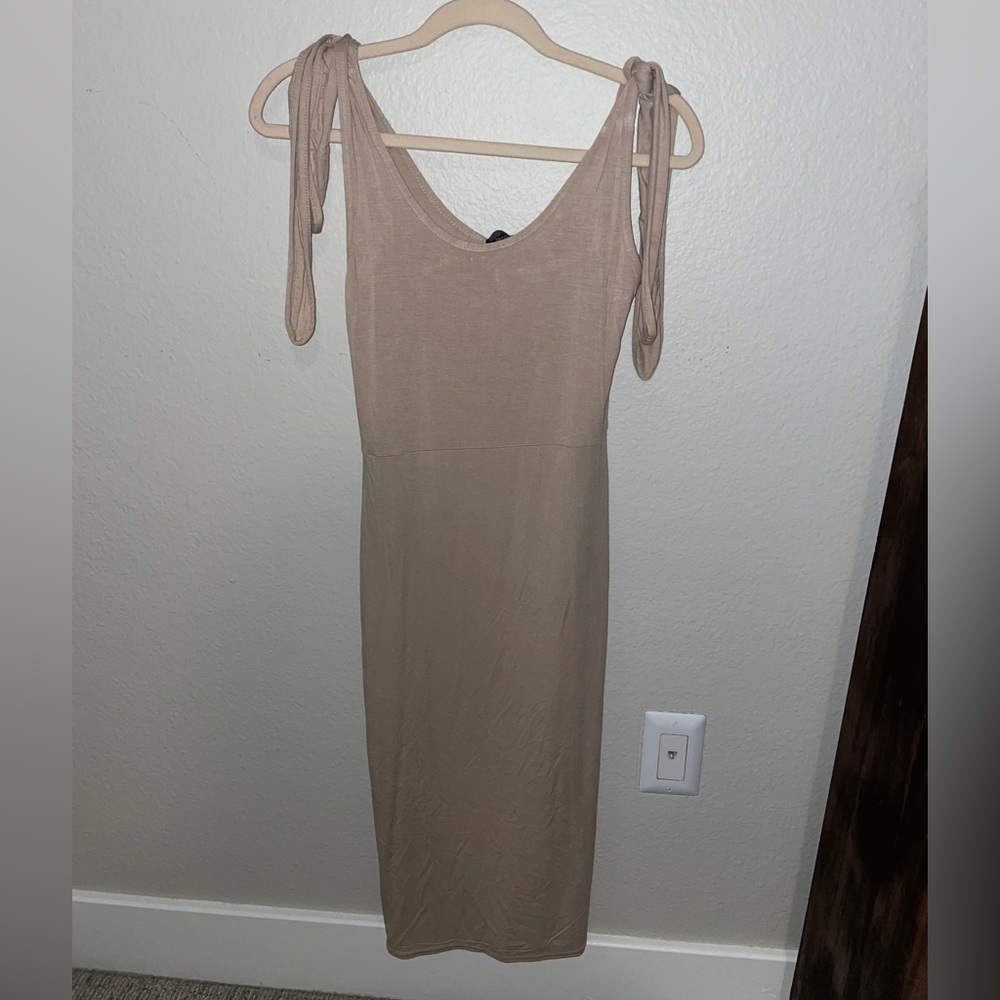 Prettylittlething tan dress with strap ties